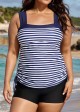 Navy Stripes Wide Straps Side Drawstring Two Piece Bathing Suits Tankini Top