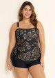 Black Floral Wide Straps Side Drawstring Plus Size Two Piece Swimsuit Tankini Top