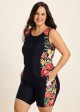 Curvy Black Tropical Floral Scoop Neck Flattering Women's Swimsuit Two Piece Tankini Set