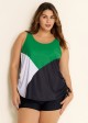 Black And Green Drawstring Color Block Curvy Women's Swimsuit Tankini Top
