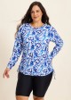 Curvy Blue And White Floral? Upf50+ Long Sleeves Side Drawstring Swimsuit Shirt Tankini Top