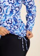 Curvy Blue And White Floral? Upf50+ Long Sleeves Side Drawstring Swimsuit Shirt Tankini Top