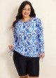 Curvy Blue And White Floral? Upf50+ Long Sleeves Side Drawstring Swimsuit Shirt Tankini Top