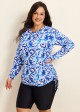 Curvy Blue And White Floral Upf50+ Long Sleeves Side Drawstring Swimsuit Shirt Tankini Top