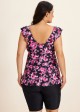 Pink Floral Print Scoop Neck Built In Bra Ruffle Plus Size Women's Swimsuit Tankini Top