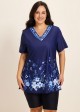 Plus Size Navy Floral V Neck Upf50+ Short Sleeves Modest Padded Swimsuit Long Tankini Top
