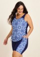Blue Floral Print Scoop Neck Modest Built In Bra Drawstring Plus Size Women's Swimsuit Tankini Set
