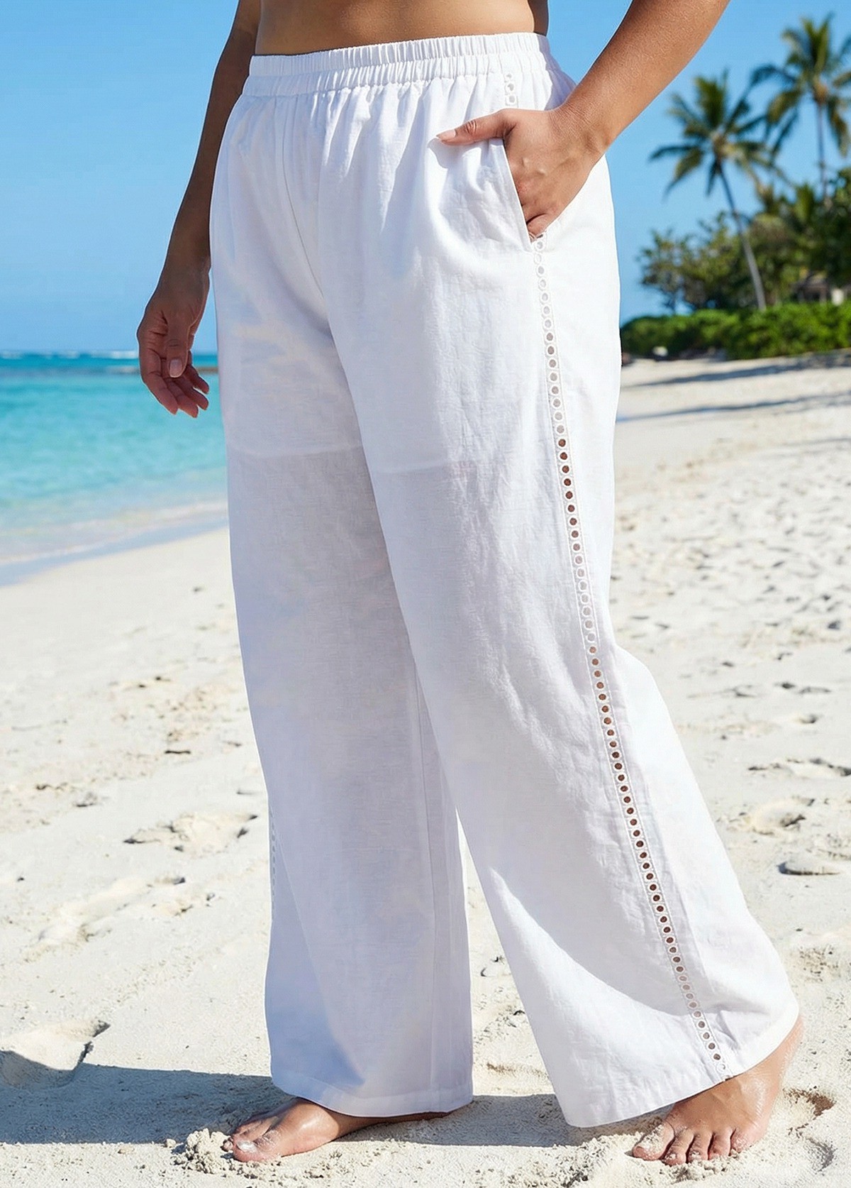 White Fashion Cutout Plus Size Modest Swimsuit Loose Cover Up Pants