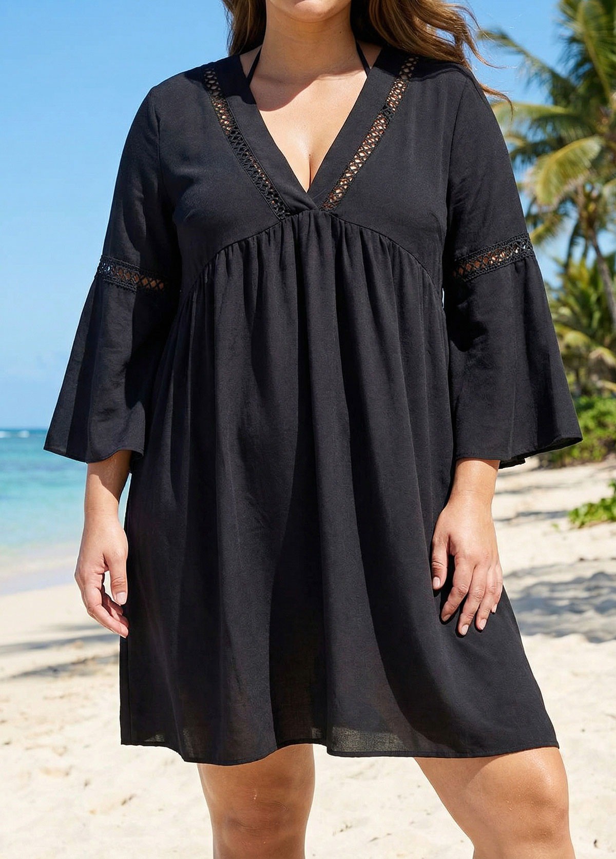 Plus Size Black V Neck Loose Side Slit Hem Cover Up