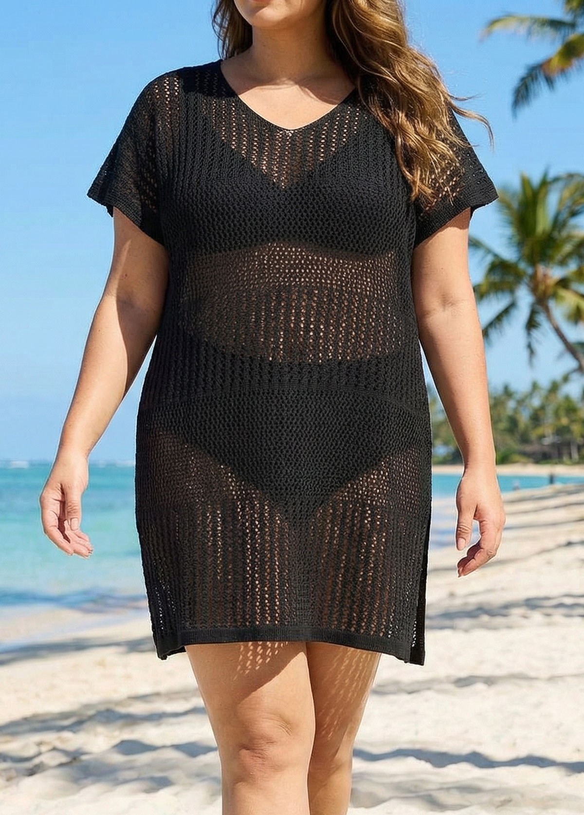 Black Plus Size Simple Side Slit Cover Up