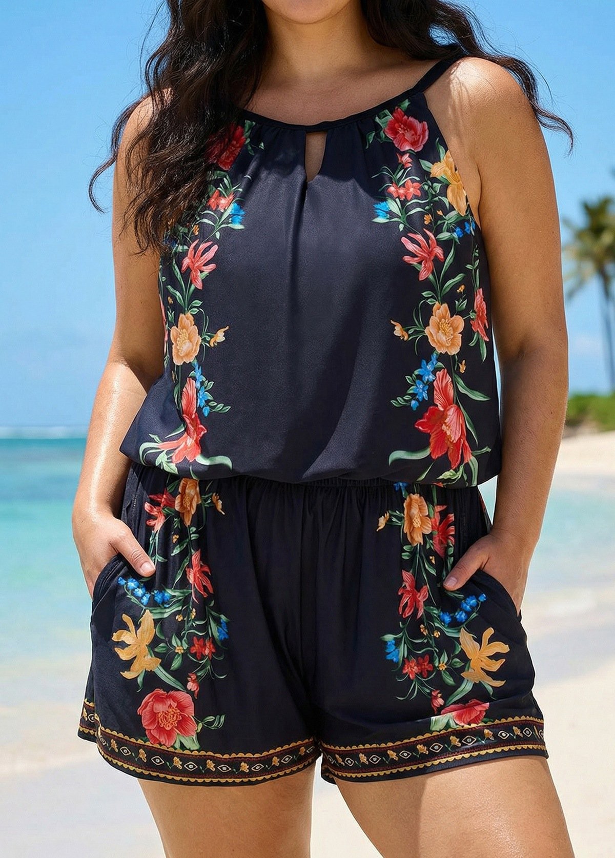 Plus Size Black Tropical Floral Keyhole Neck Modest Pocket Swimsuit One Piece Swim Romper