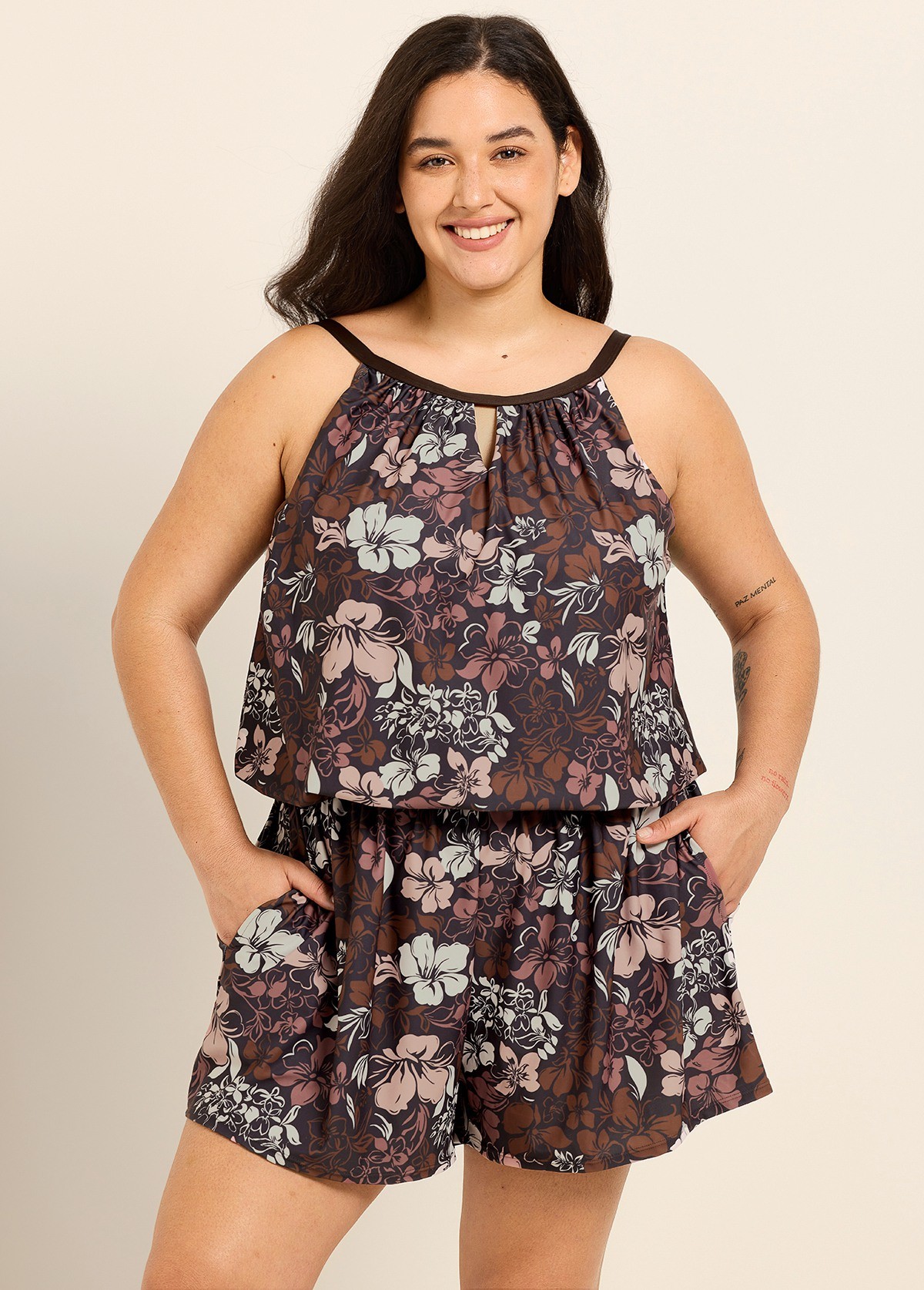 Plus Size Brown Floral High Neck Flattering Pocket Women's Swimsuit One Piece Swim Romper