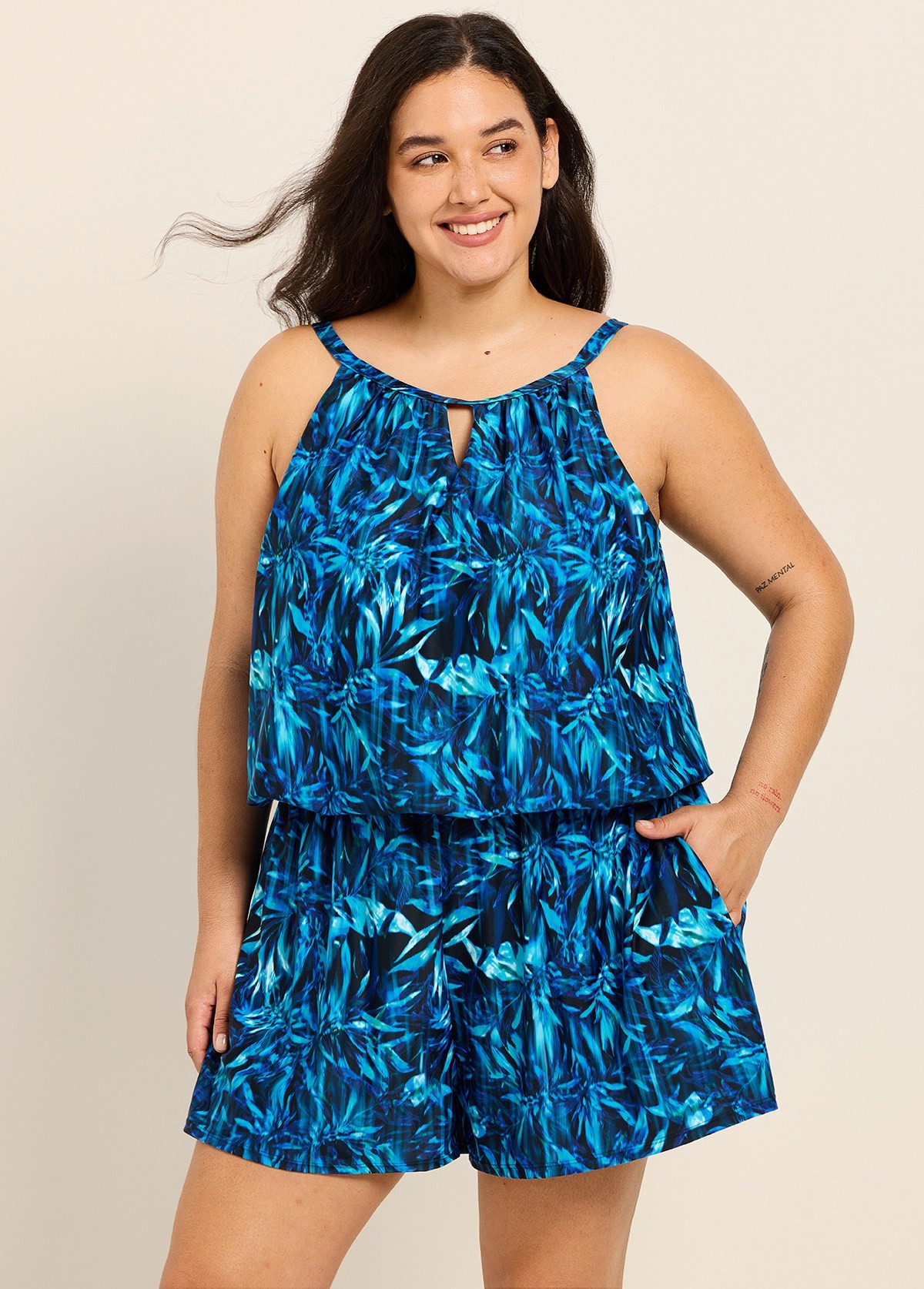 Curvy Blue Leaf Keyhole Neck Modest Pocket Women's Swimsuit One Piece Swim Romper