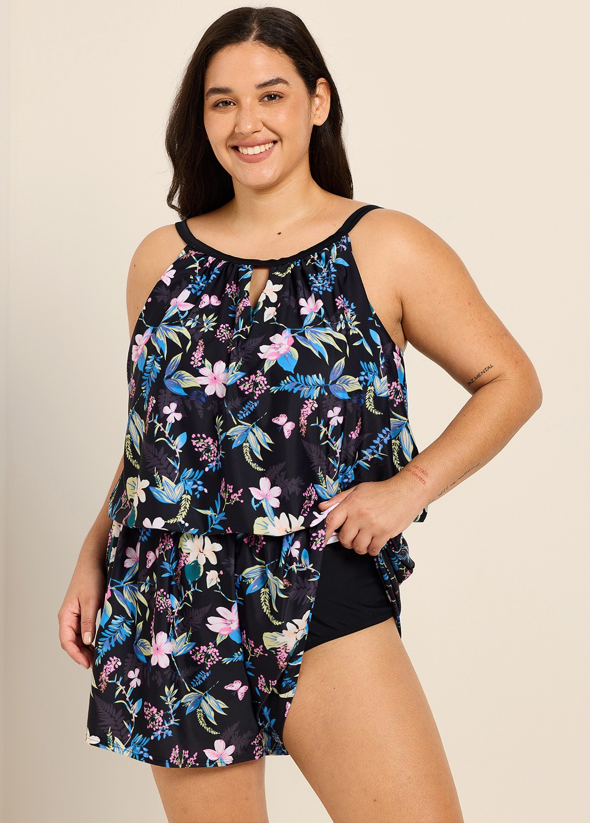 Pink Floral High Neck Vintage Pocket Curvy Women's Swimsuit One Piece Swim Romper