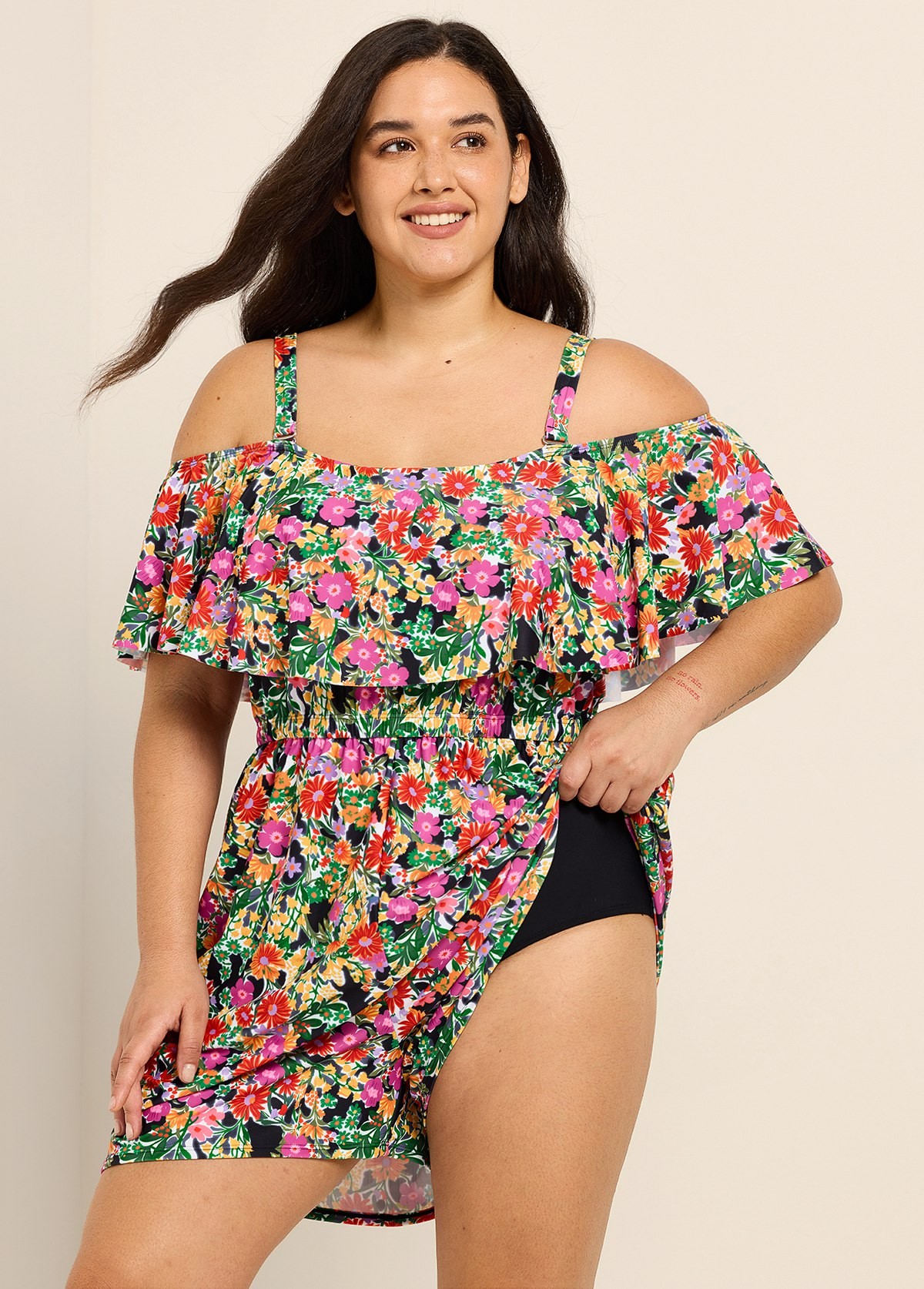 Plus Size Black Floral Flattering Off Shoulder Ruffled Swimsuit One Piece Swimdress