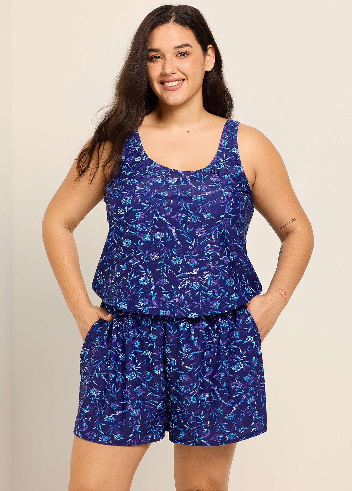 Navy Floral Scoop Neck Flattering Wide Straps Pocket Curvy Swimsuit One Piece Swim Romper