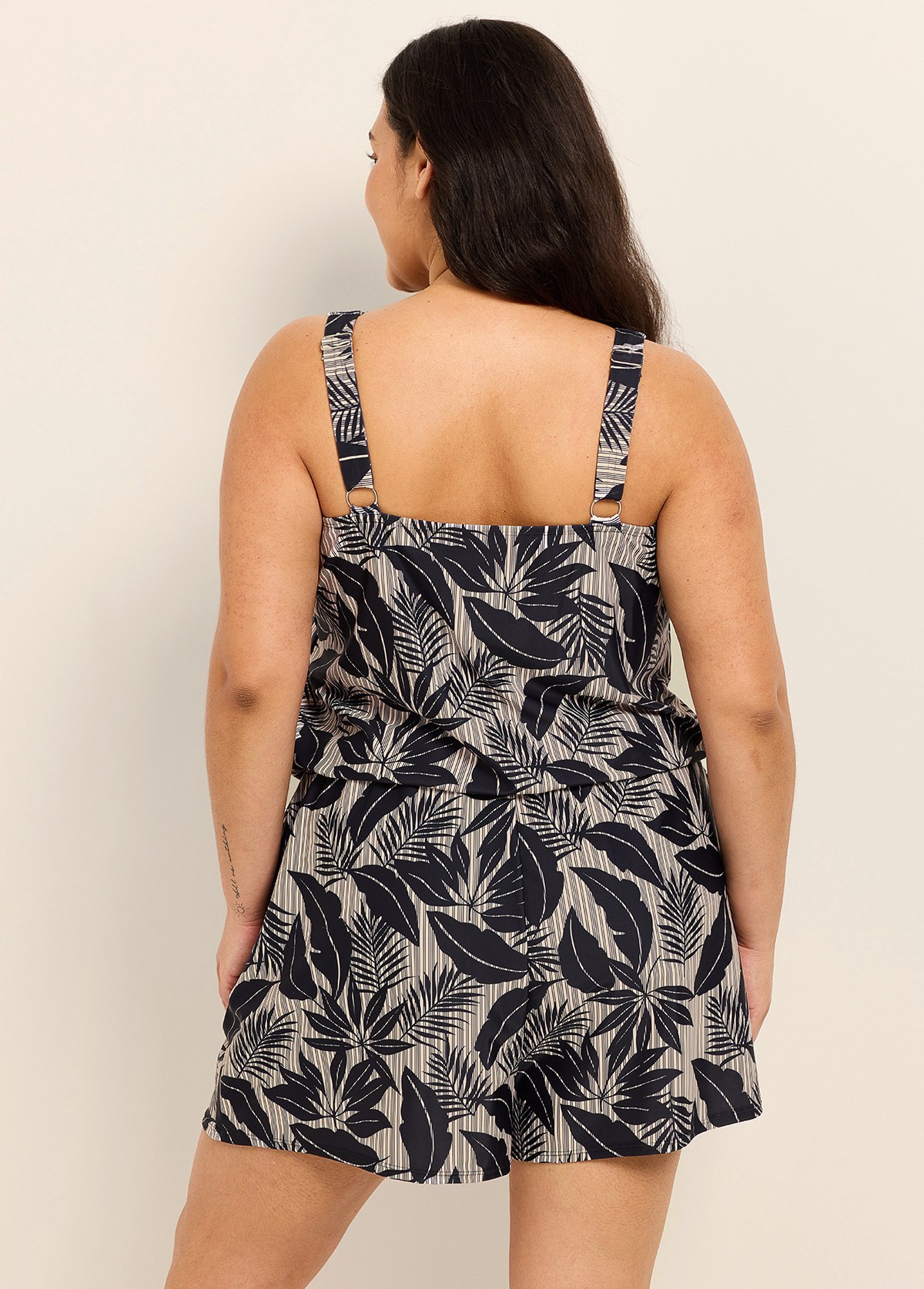 Black Plant Stripe Modest Wide Straps Pocket Plus Size Swimsuit One Piece Swim Romper