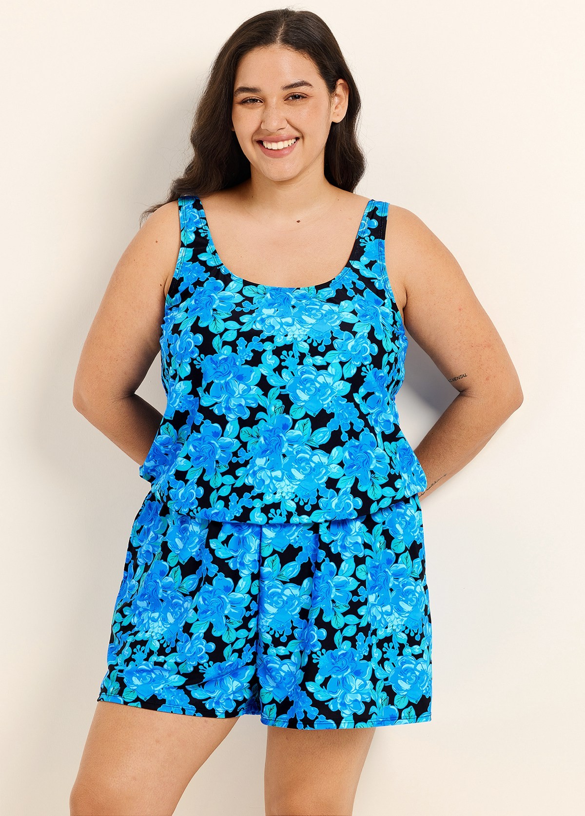 Curvy Blue Floral Scoop Neck Vintage Wide Straps Pocket Swimsuit One Piece Swim Romper