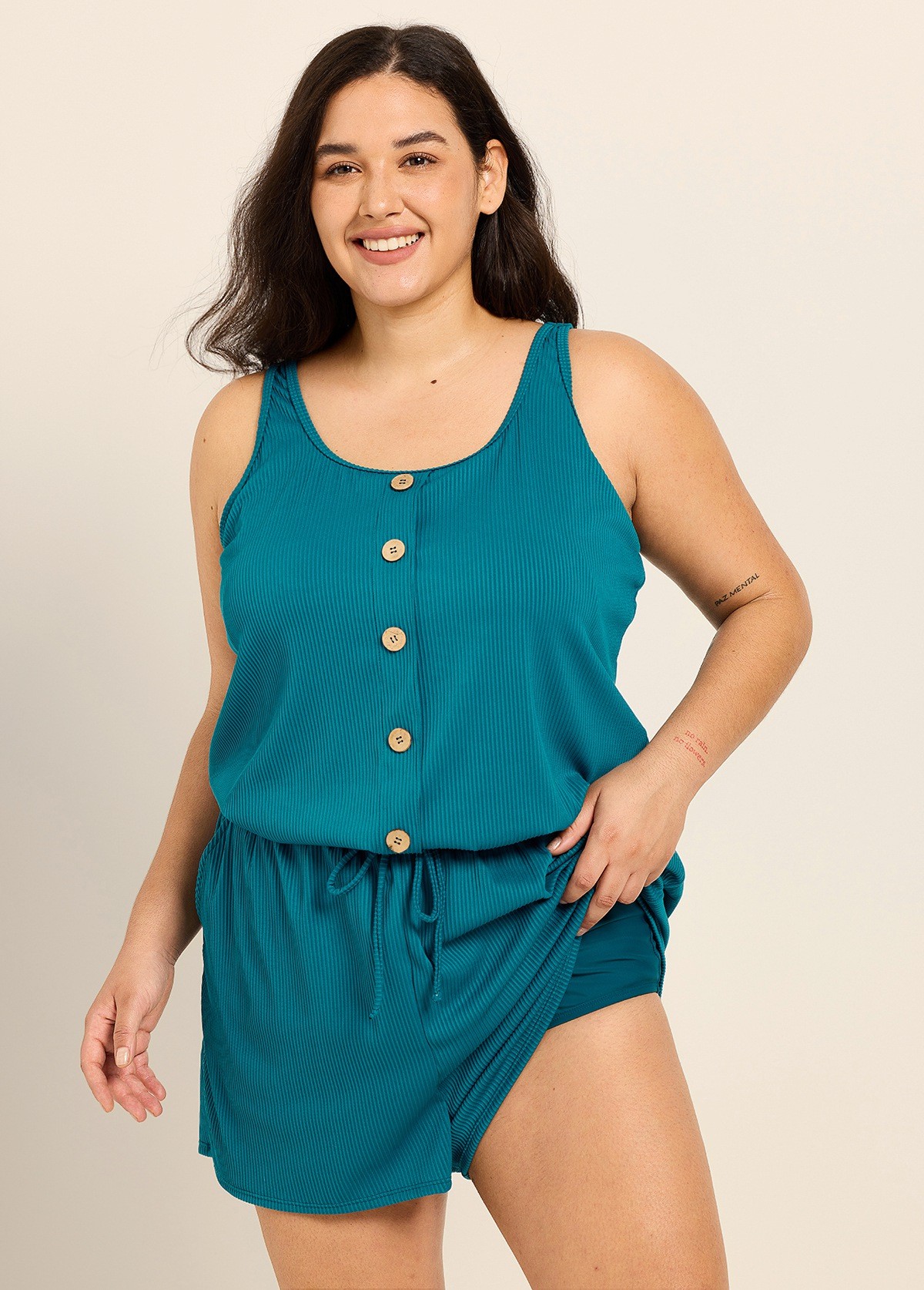 Navy Round Neck Plus Size Button Drawstring Women's One Piece Swimsuit