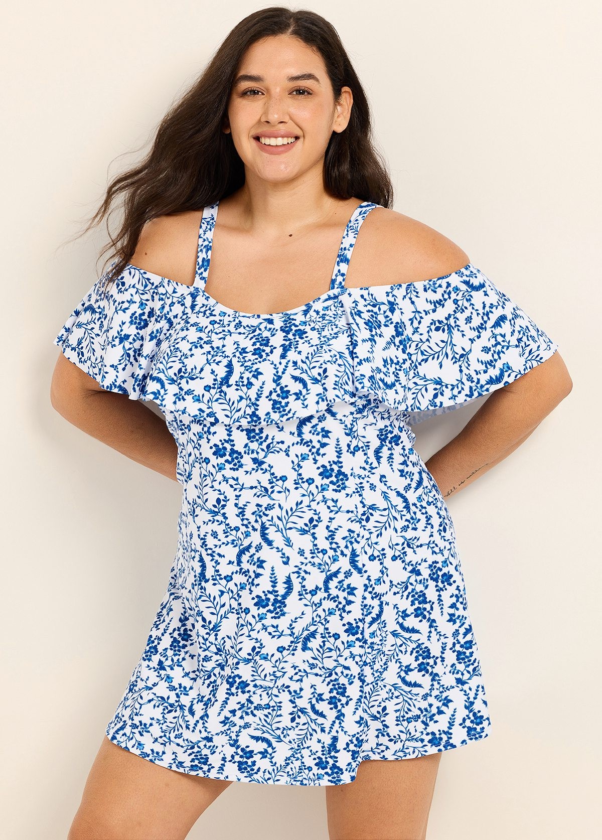 Curvy Blue Floral Print Off The Shoulder Modest Women's Swimsuit One Piece Swimdress