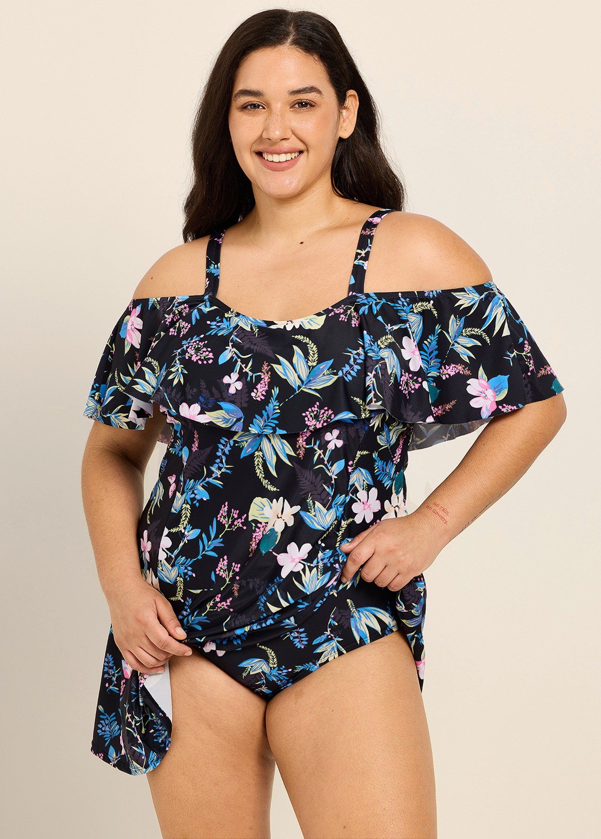 Plus Size Pink Floral Off The Shoulder Vintage Women's Swimsuit One Piece Swimdress