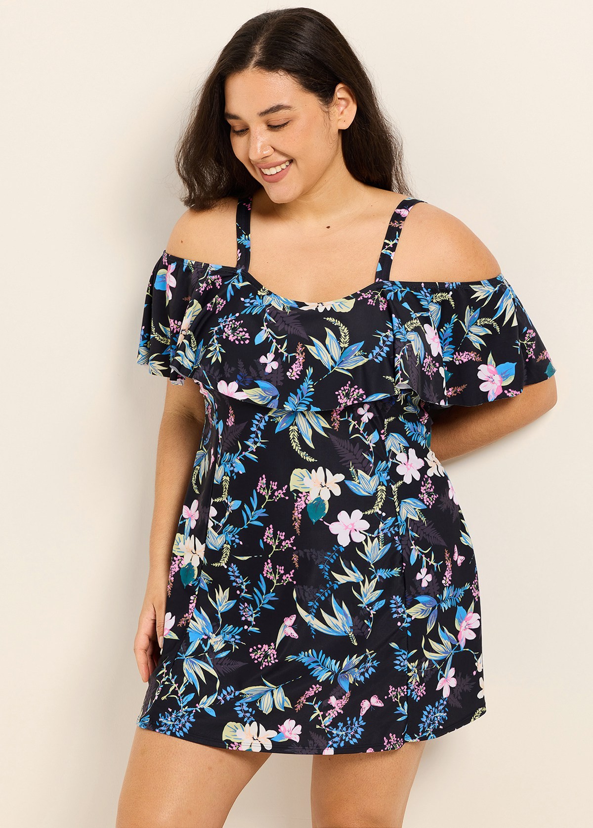 Plus Size Pink Floral Off The Shoulder Vintage Women's Swimsuit One Piece Swimdress