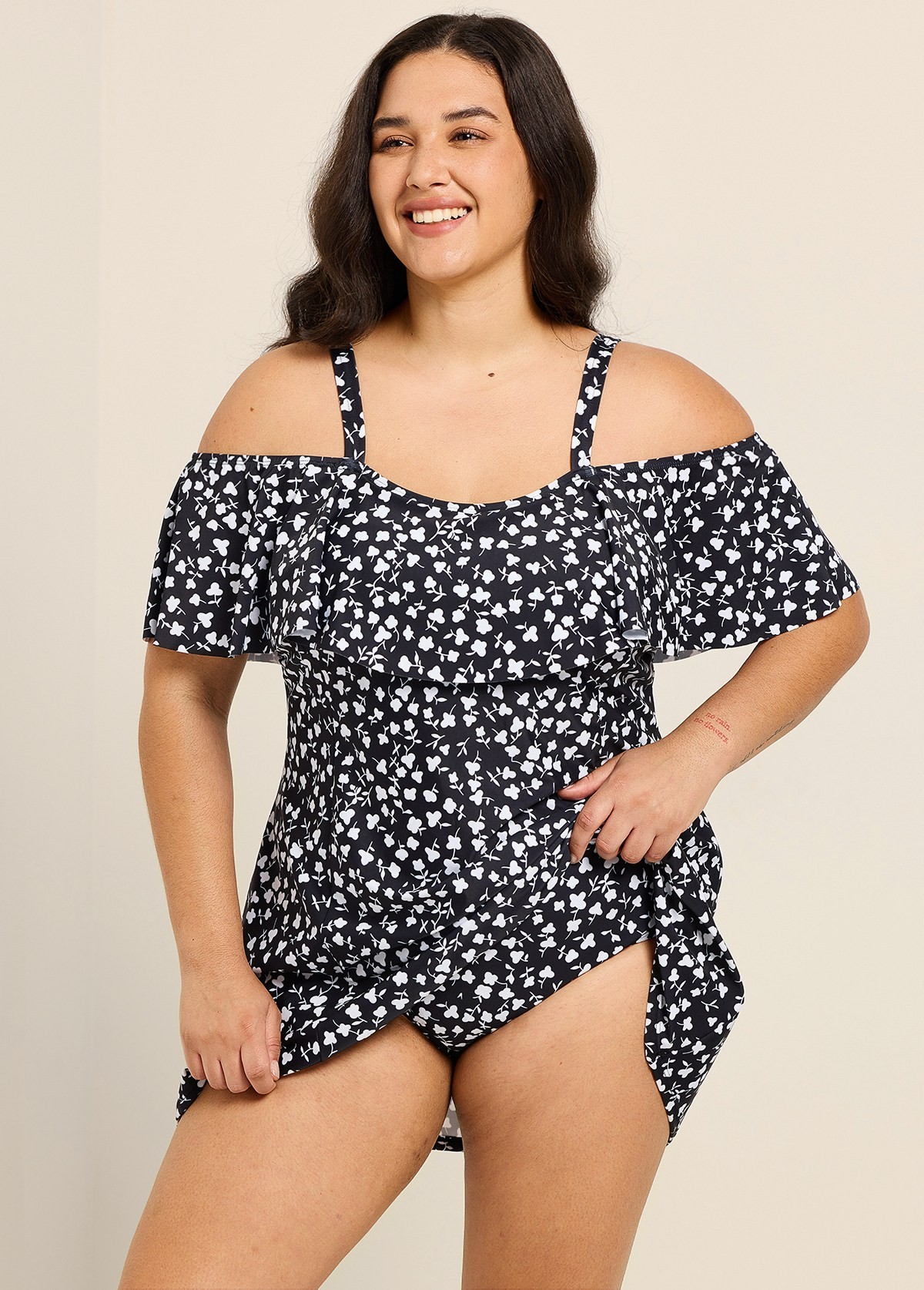 White Floral Off The Shoulder Modest Plus Size Women's Swimsuit One Piece Swimdress