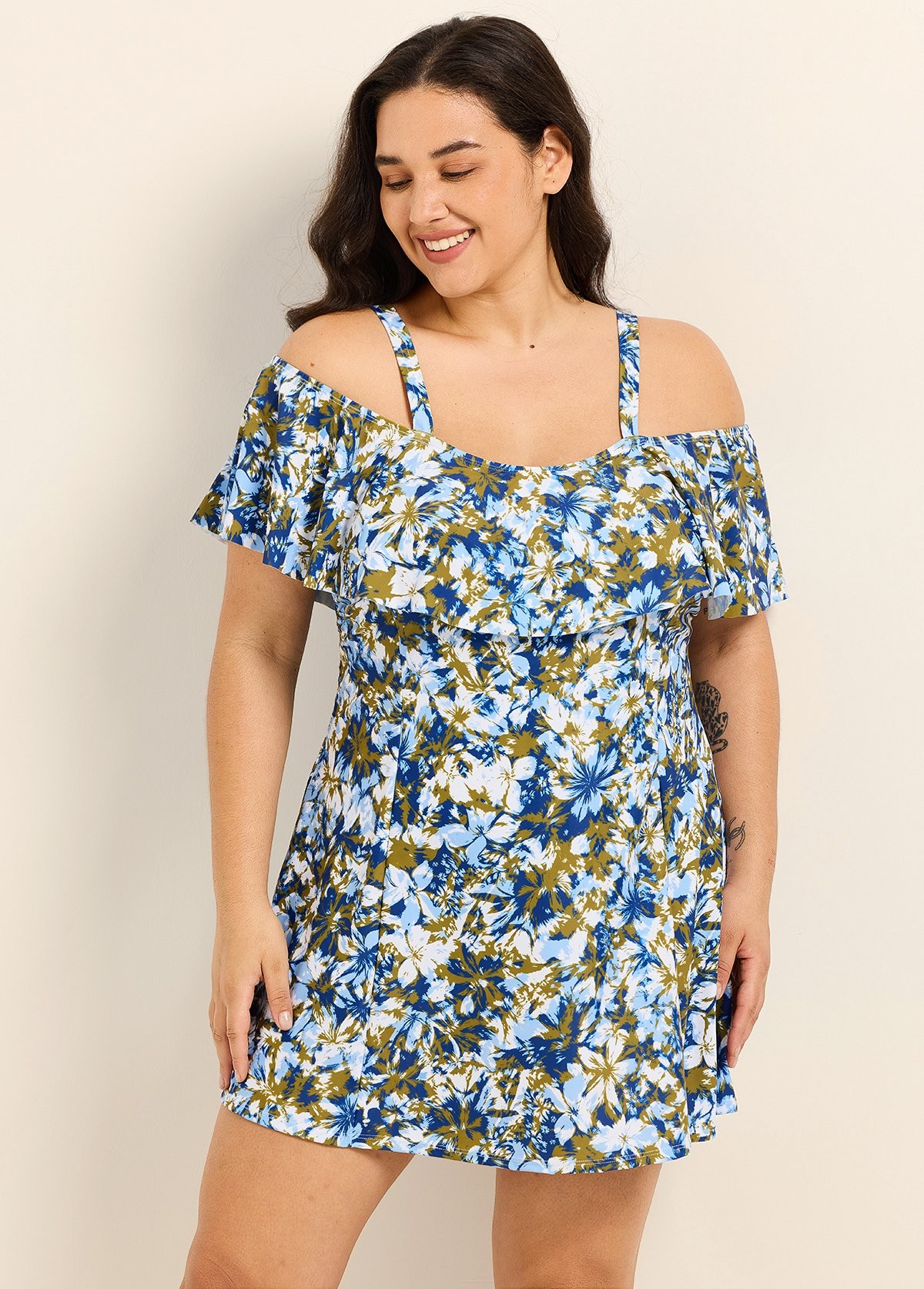 Curvy Navy Floral Off The Shoulder Flattering Women's Swimsuit One Piece Swimdress