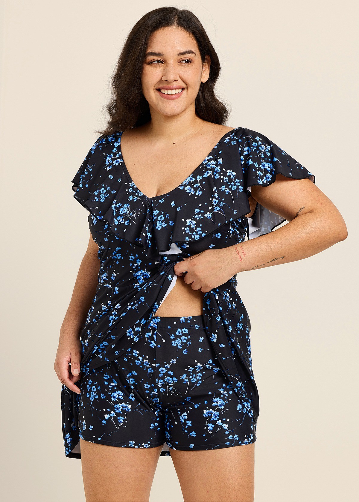 Blue Floral Print V Neck Cap Sleeves Flattering Ruffles Curvy Swimsuit Swimdress Set