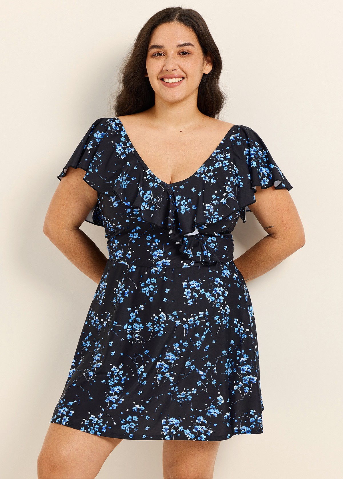 Blue Floral Print V Neck Cap Sleeves Flattering Ruffles Curvy Swimsuit Swimdress Set