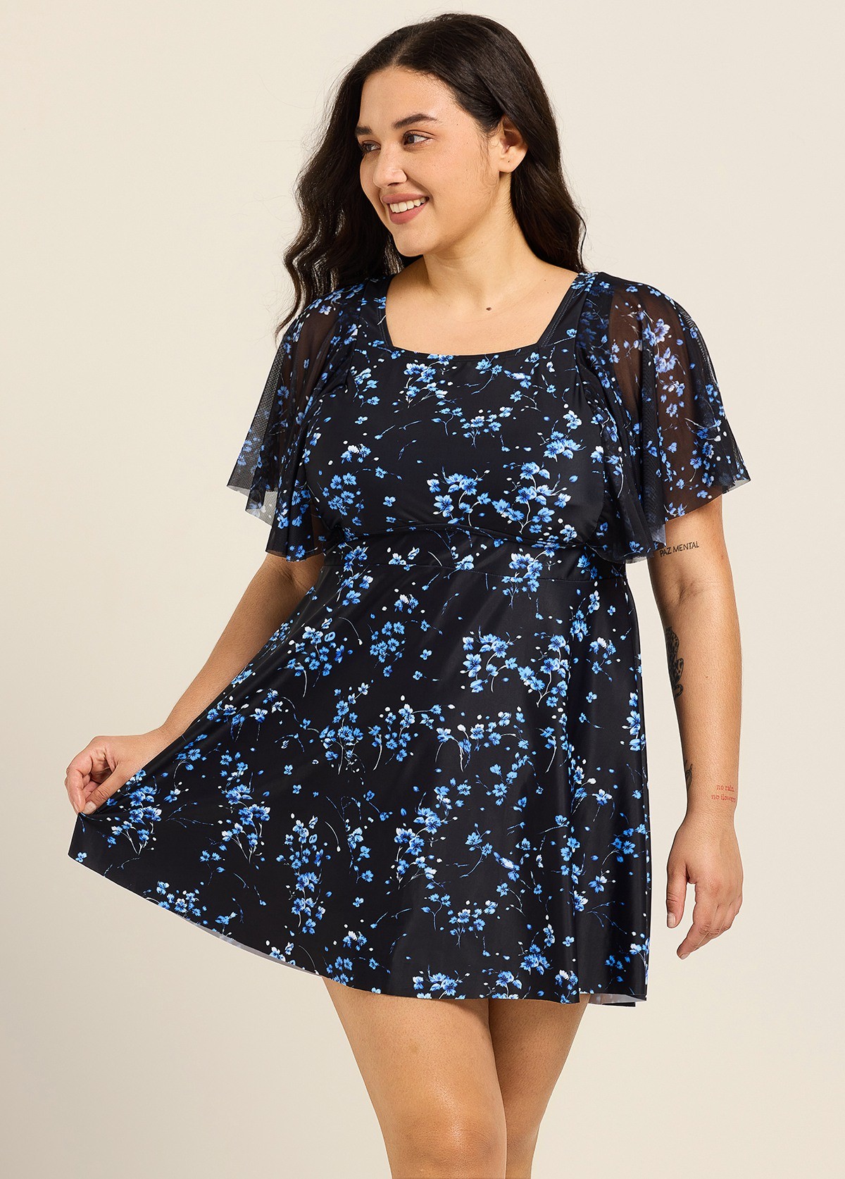 Plus Size Black Floral Print Square Neck Mesh Short Sleeves Vintage Ruffle Swimsuit Swimdress Set