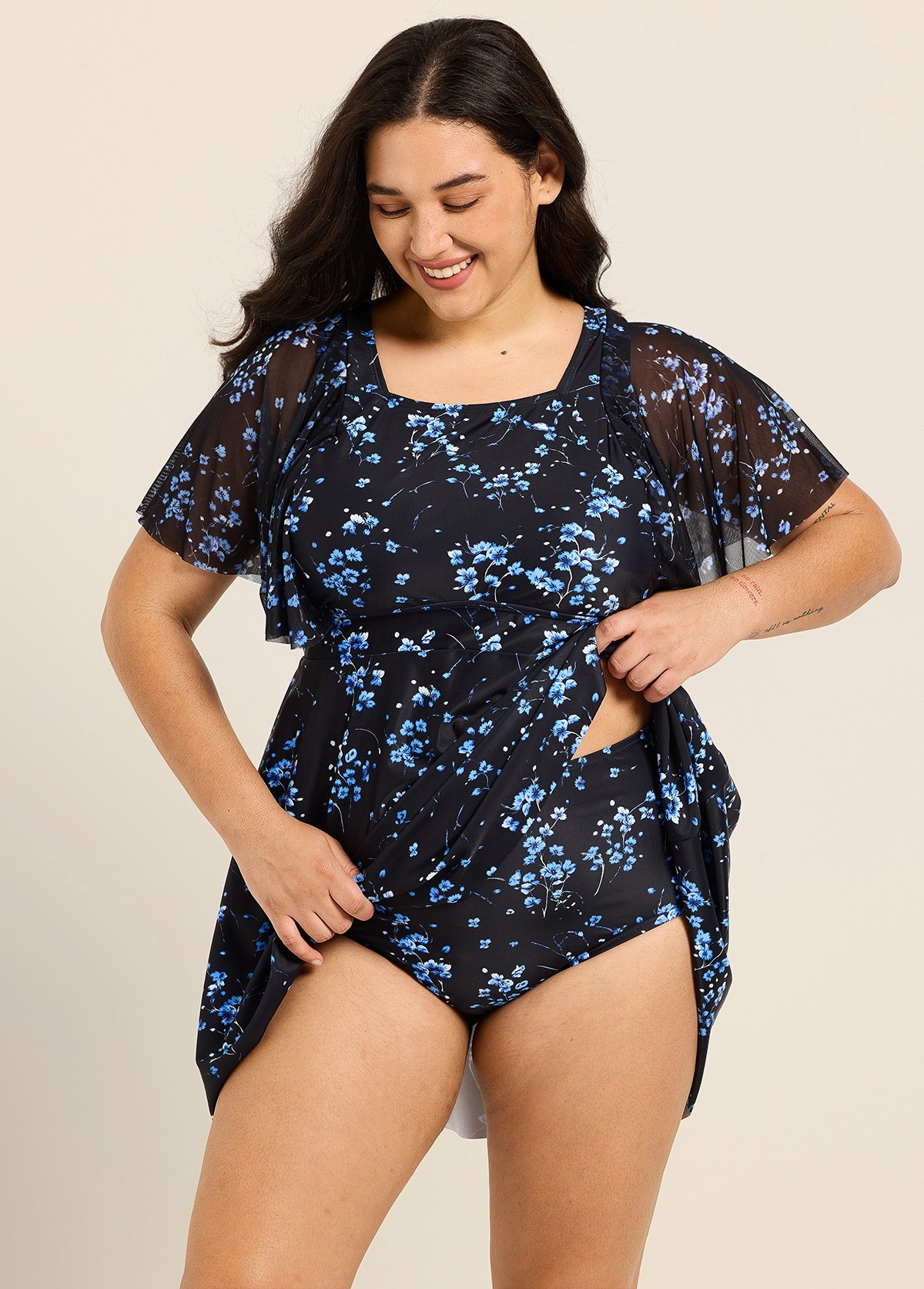 Plus Size Black Floral Print Square Neck Mesh Short Sleeves Vintage Ruffle Swimsuit Swimdress Set