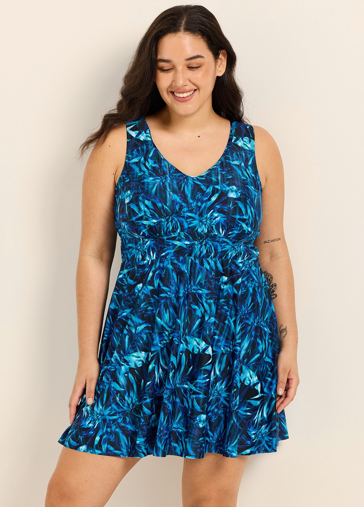 Blue Leaf Scoop Neck Sleeveless Vintage Padded Cross Back Curvy Swimsuit Swimdress Set