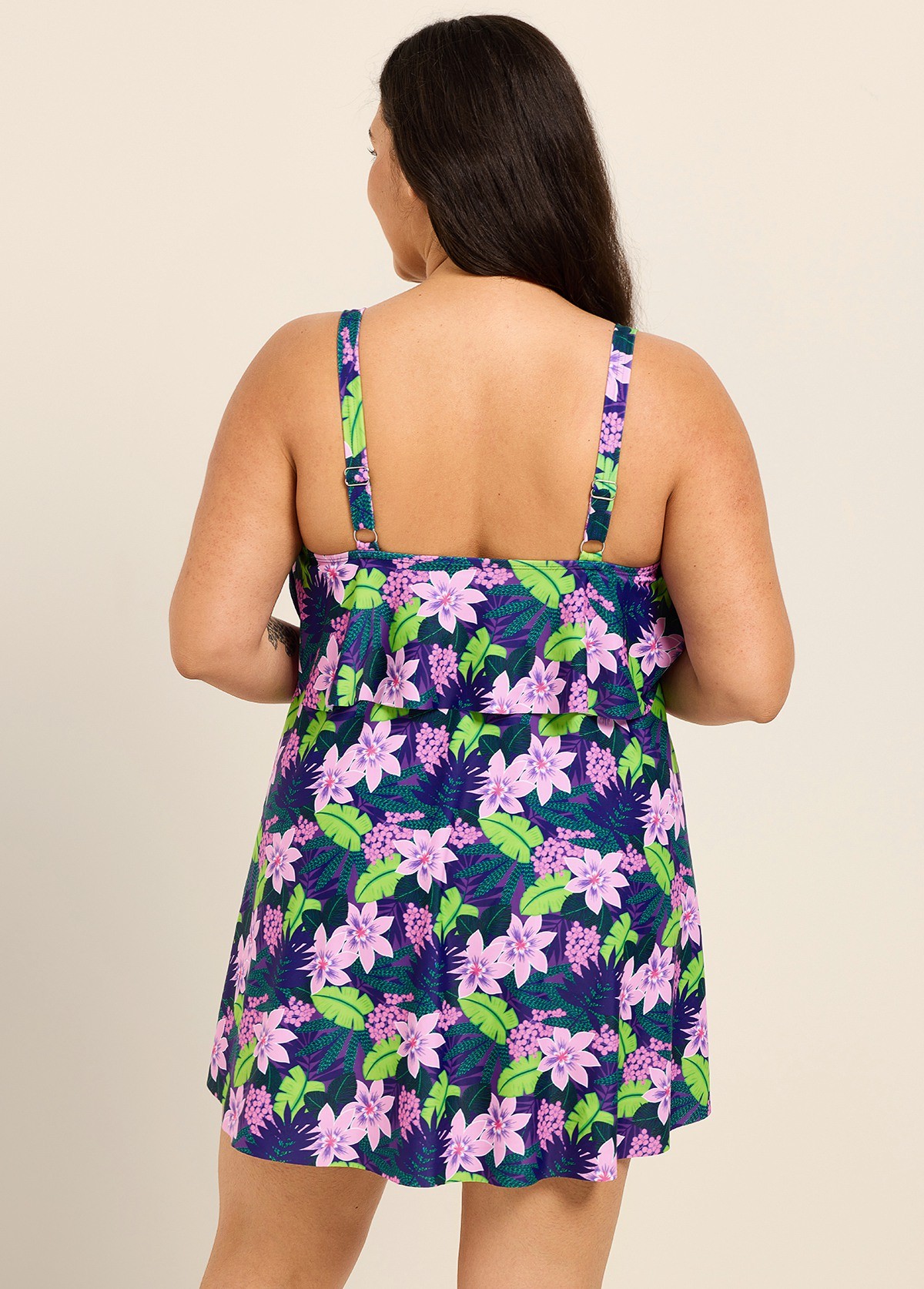 Purple Floral Layered Ruffle Trim Adjustable Strap Elegant Plus Size Swimsuit One Piece Swimdress