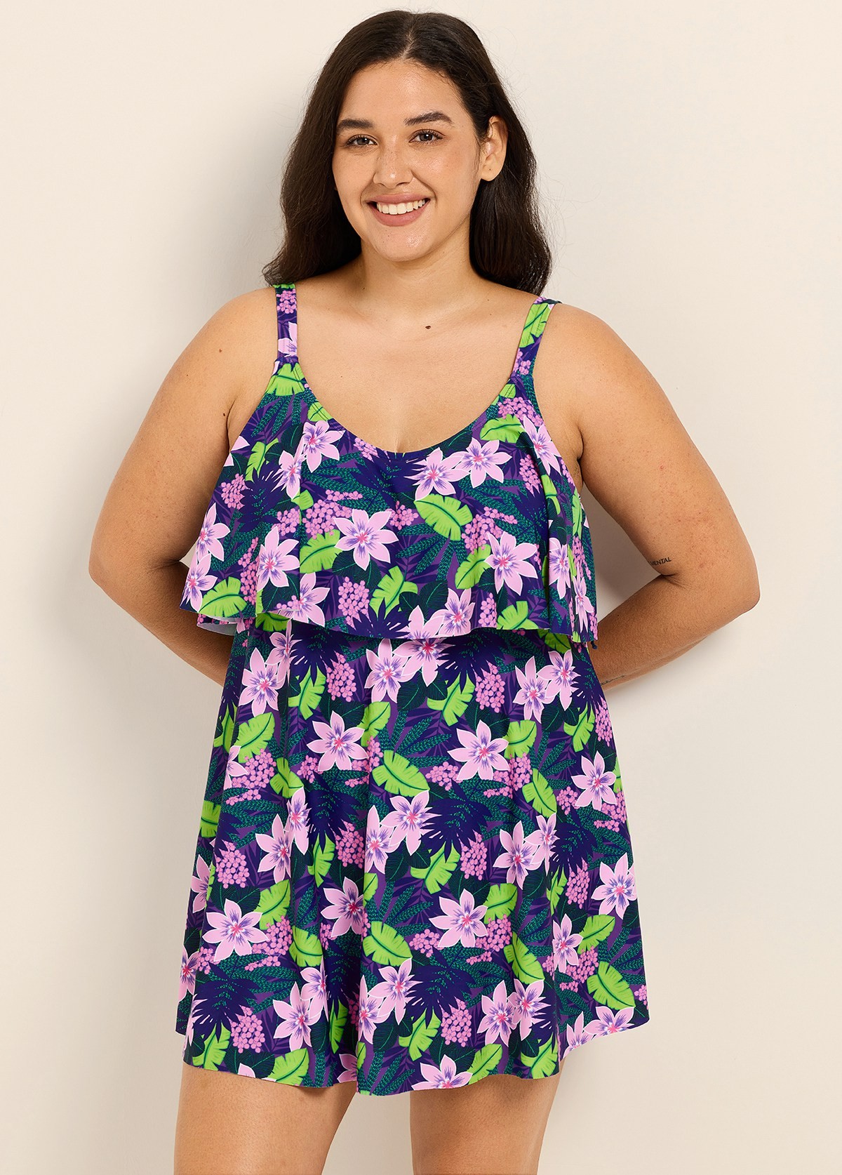 Purple Floral Layered Ruffle Trim Adjustable Strap Elegant Plus Size Swimsuit One Piece Swimdress