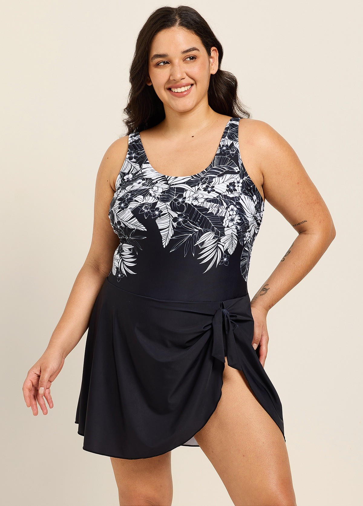 Plus Size Black Tropical Floral Print Square Neck Vintage Side Knot Swimsuit One Piece Swimdress