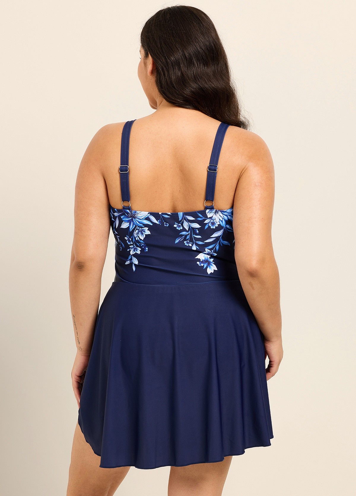 Curvy Navy Blue Floral Print Square Neck Vintage Side Knot Swimsuit One Piece Swimdress