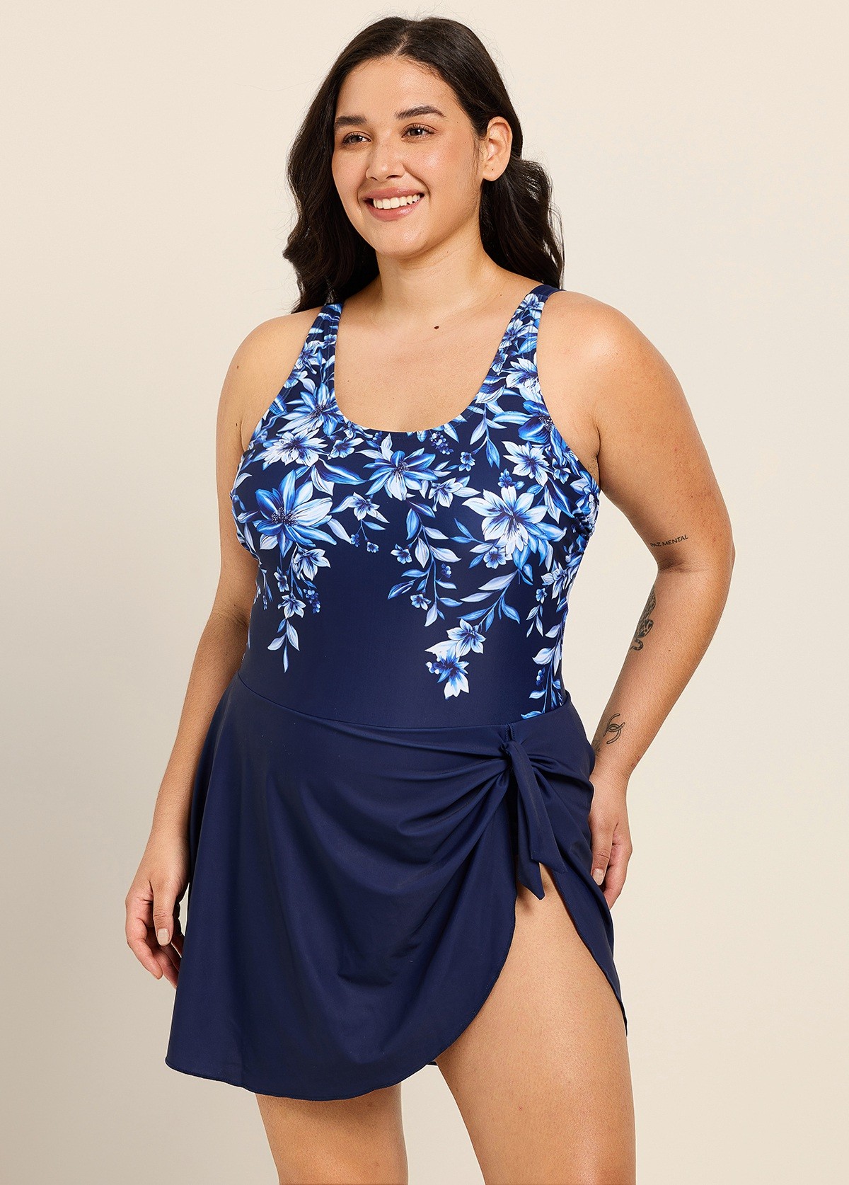 Curvy Navy Blue Floral Print Square Neck Vintage Side Knot Swimsuit One Piece Swimdress