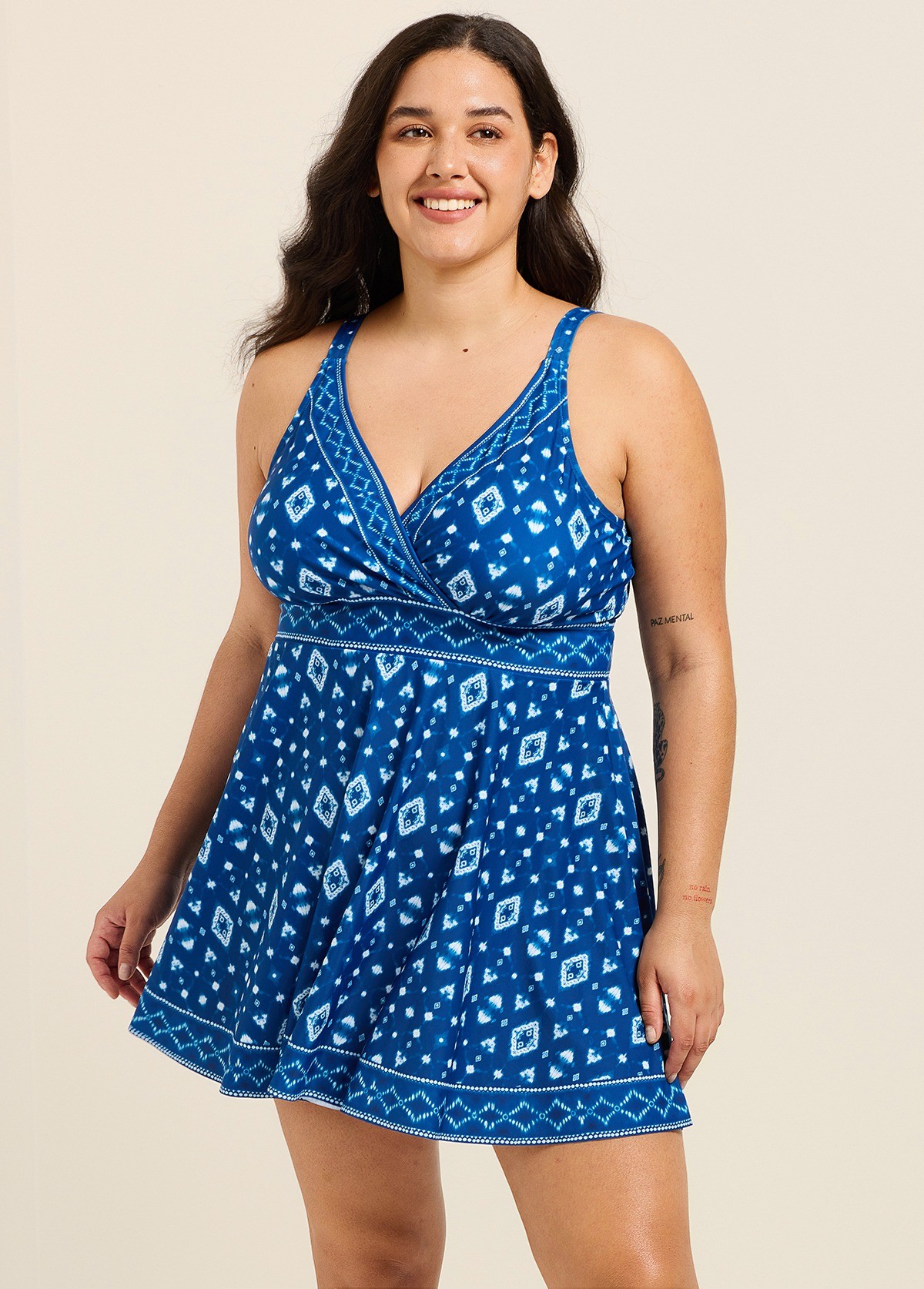 Curvy Dark Blue White Geometric V Neck Sleeveless Vintage Women's Swimsuit Swimdress Set