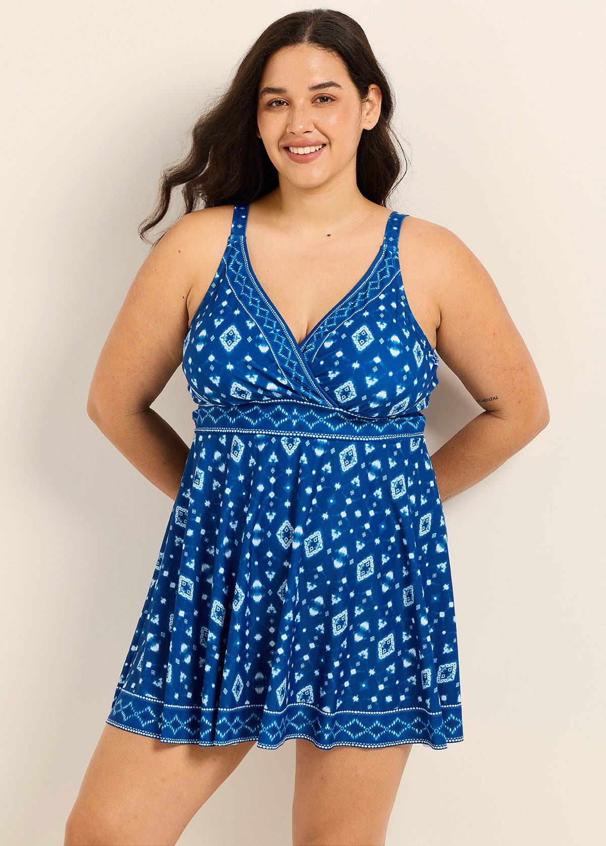 Curvy Dark Blue White Geometric V Neck Sleeveless Vintage Women's Swimsuit Swimdress Set