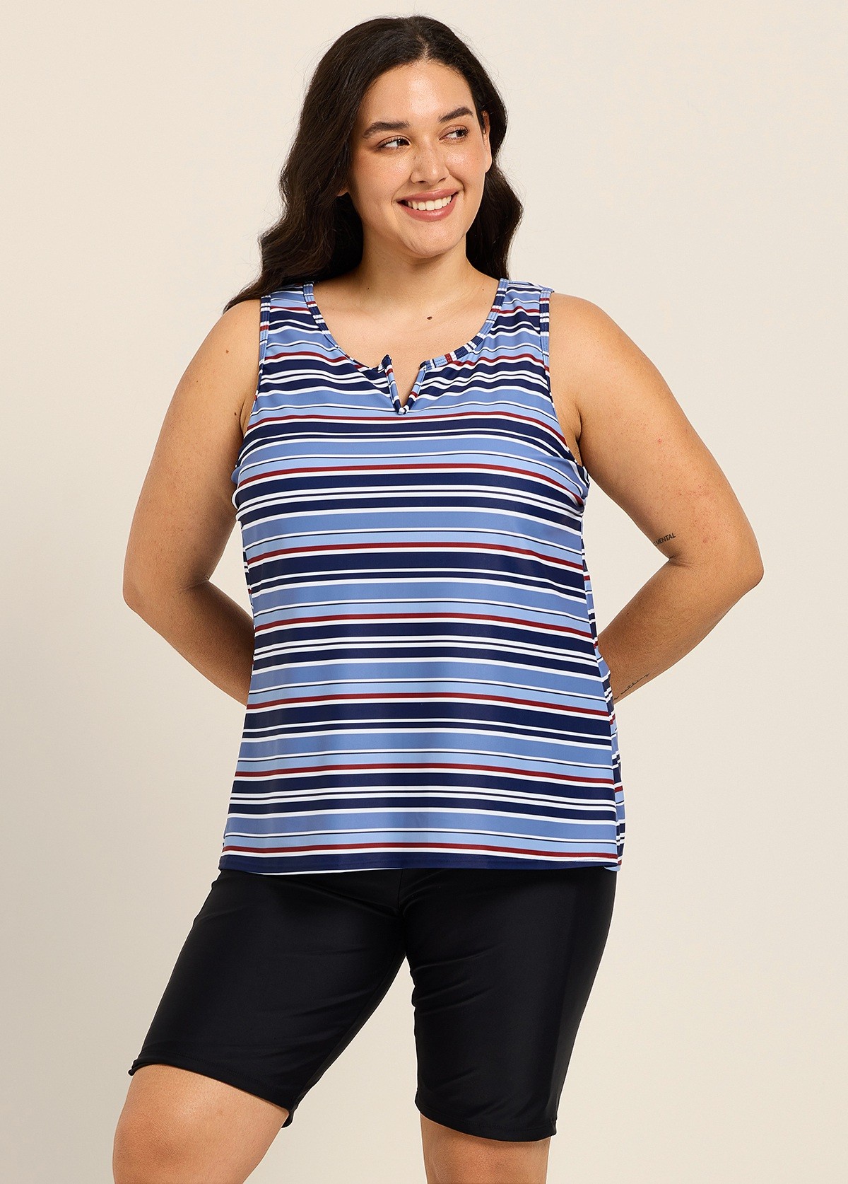 Navy Stripe V Neck Sleeveless Modest Padded Plus Size Women's Swimsuit Tankini Top