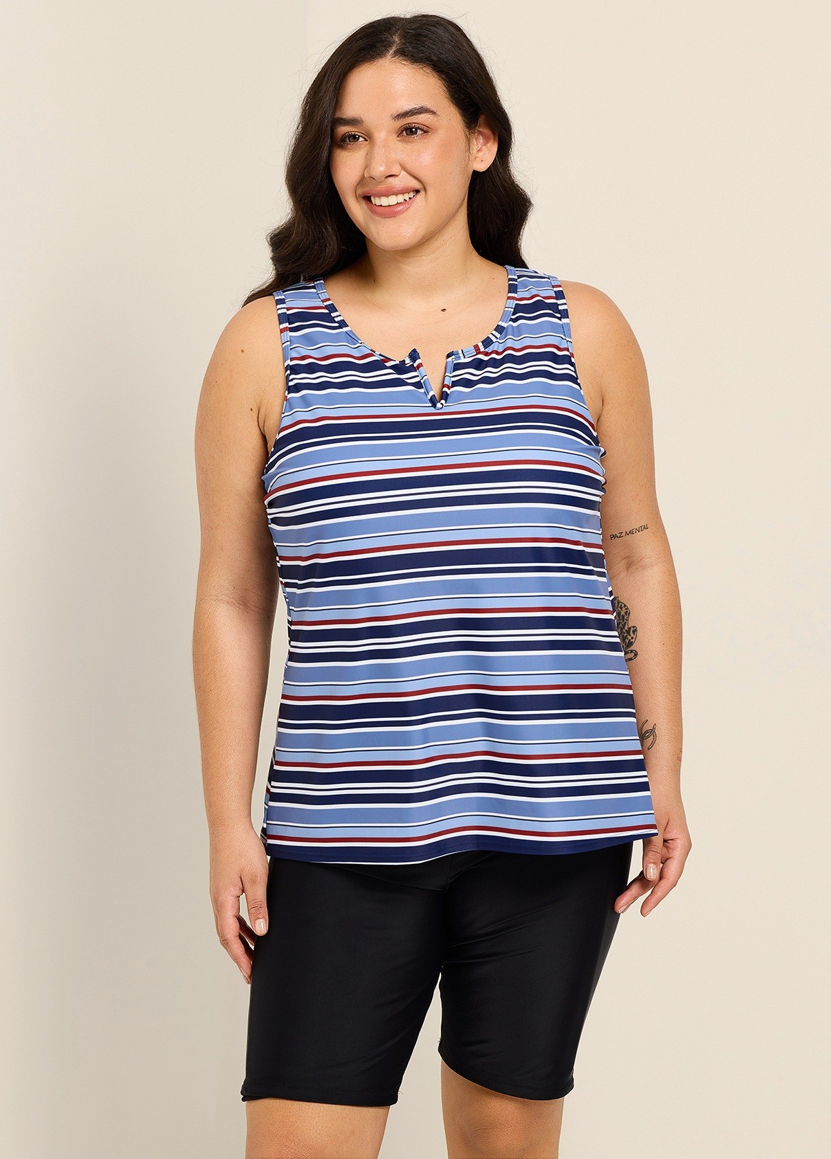 Navy Stripe V Neck Sleeveless Modest Padded Plus Size Women's Swimsuit Tankini Top