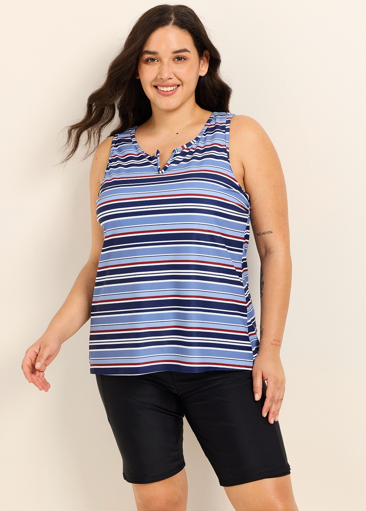 Navy Stripe V Neck Sleeveless Modest Padded Plus Size Women's Swimsuit Tankini Top