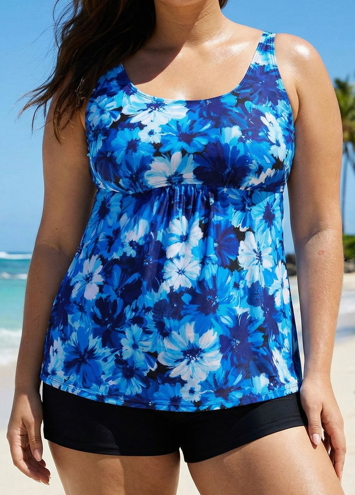 Curvy Blue Floral Modest Retro Swimsuit And Swimwear Tankini Top