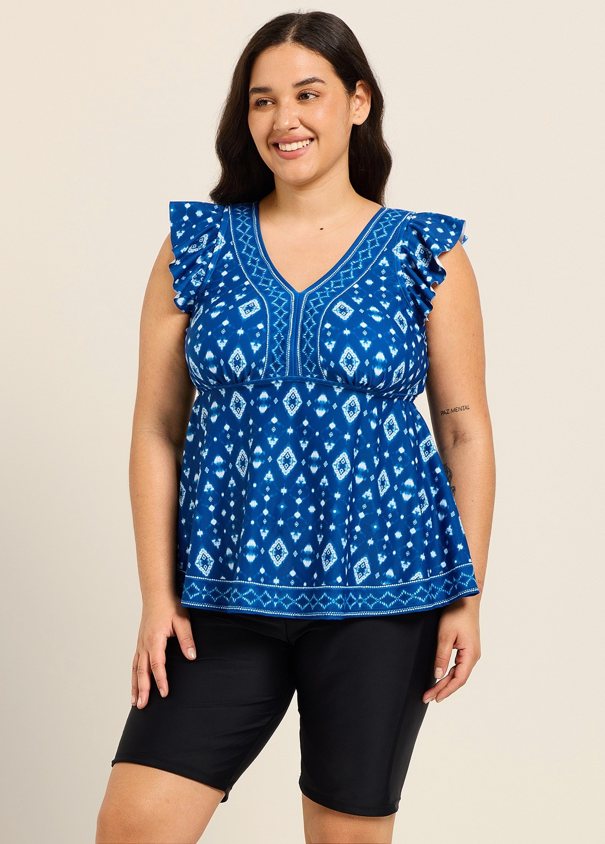 Dark Blue White Geometric V Neck Cap Sleeves Flattering Ruffle Curvy Swimsuit Tankini Top