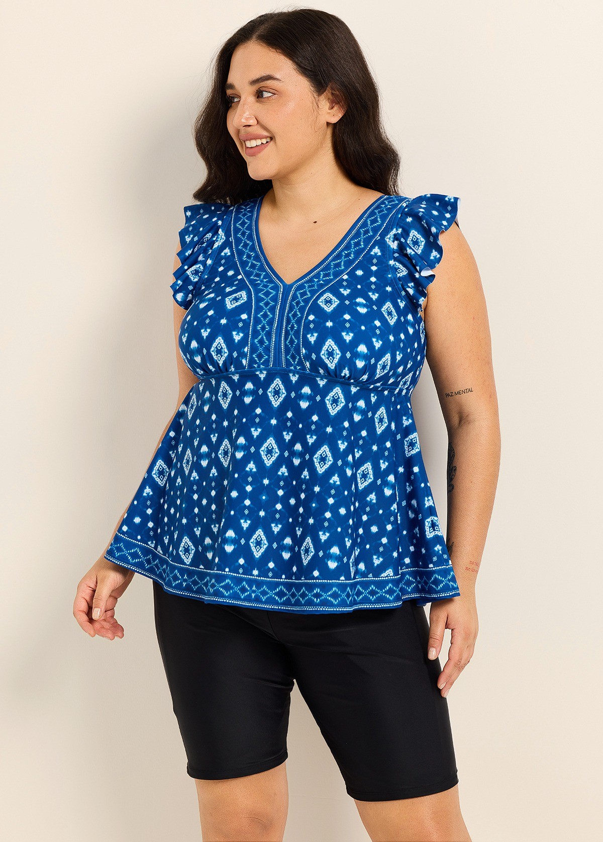 Dark Blue White Geometric V Neck Cap Sleeves Flattering Ruffle Curvy Swimsuit Tankini Top