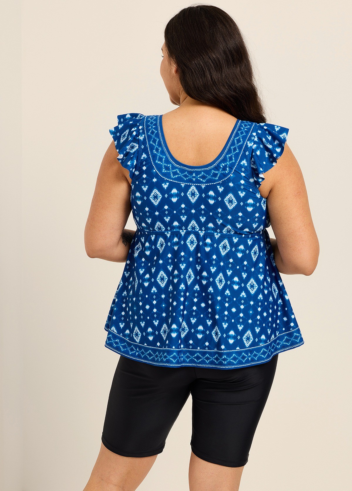 Dark Blue White Geometric V Neck Cap Sleeves Flattering Ruffle Curvy Swimsuit Tankini Top