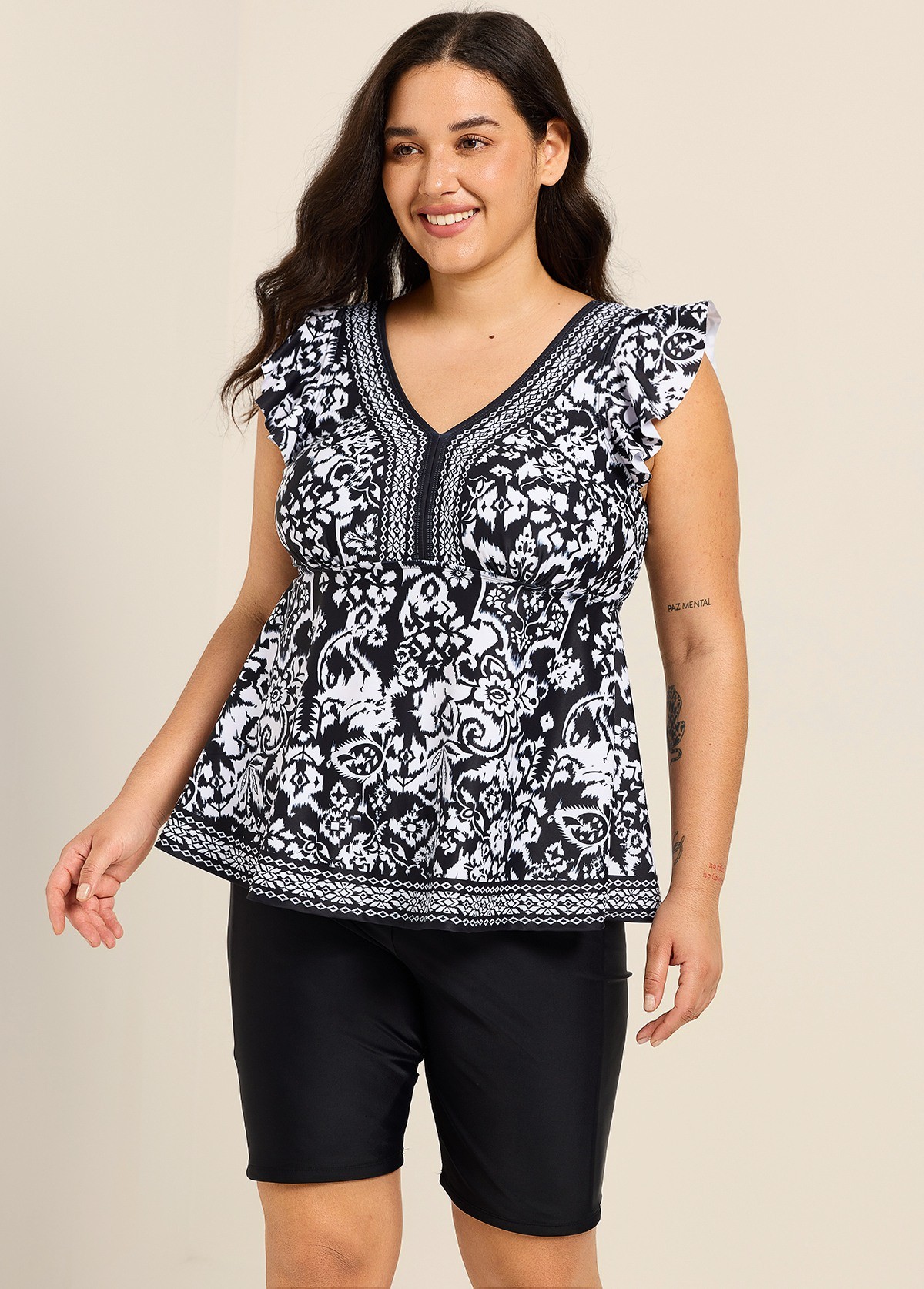 Plus Size Black White Geometric V Neck Cap Sleeves Modest Ruffle Swimsuit Tankini Top