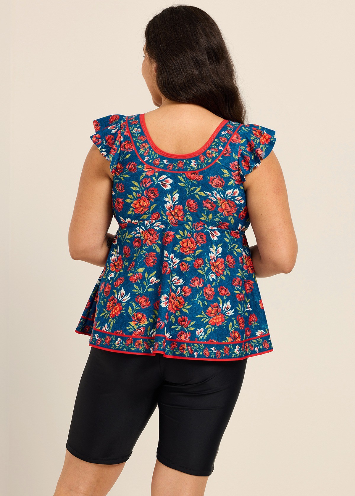 Curvy Blue Red Floral V Neck Cap Sleeves Vintage Ruffle Swimsuit Tankini Top