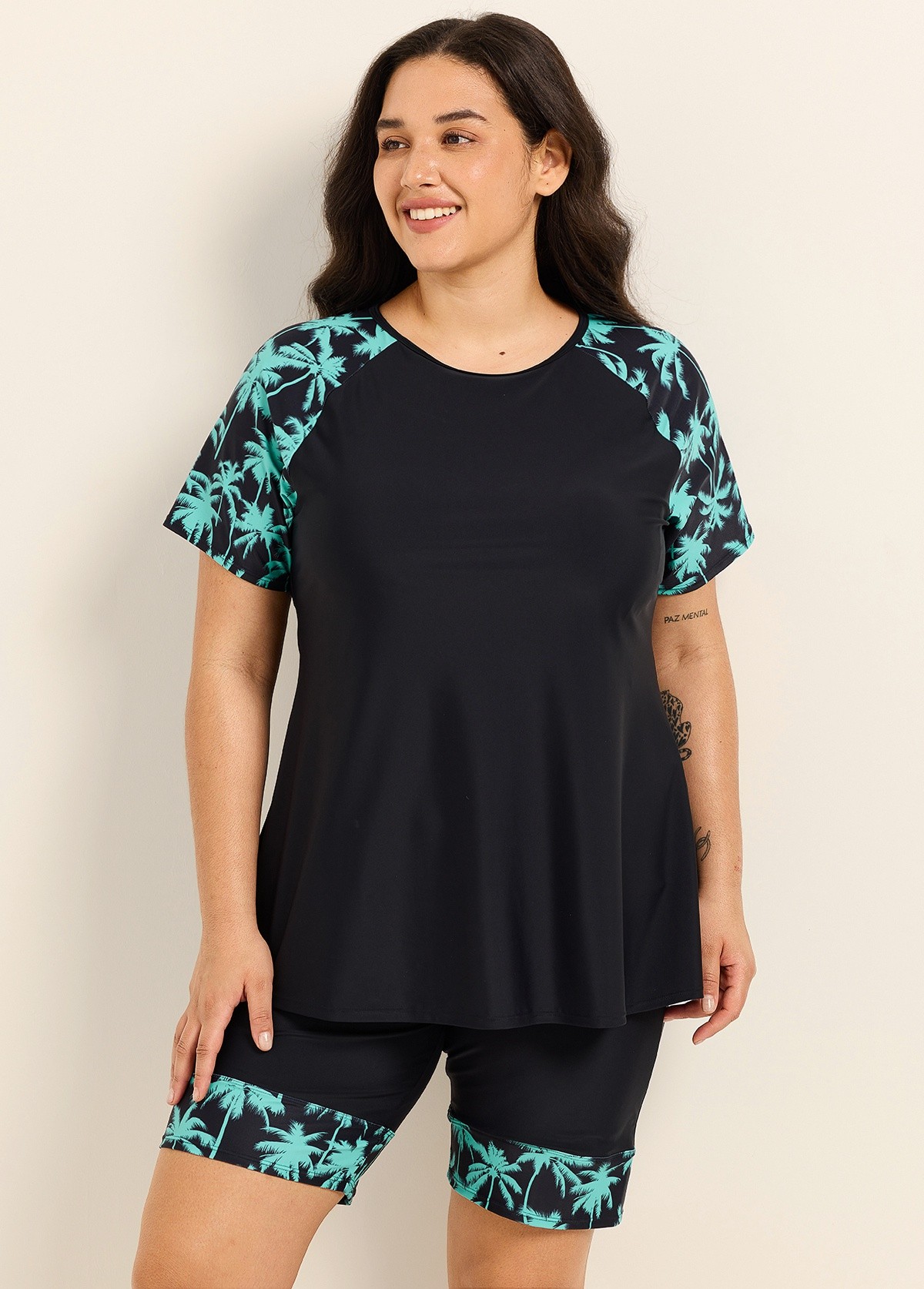 Black Plant High Neck Upf50+ Short Sleeves Curvy Women's Swimsuit Shirt Two Piece Tankini Set